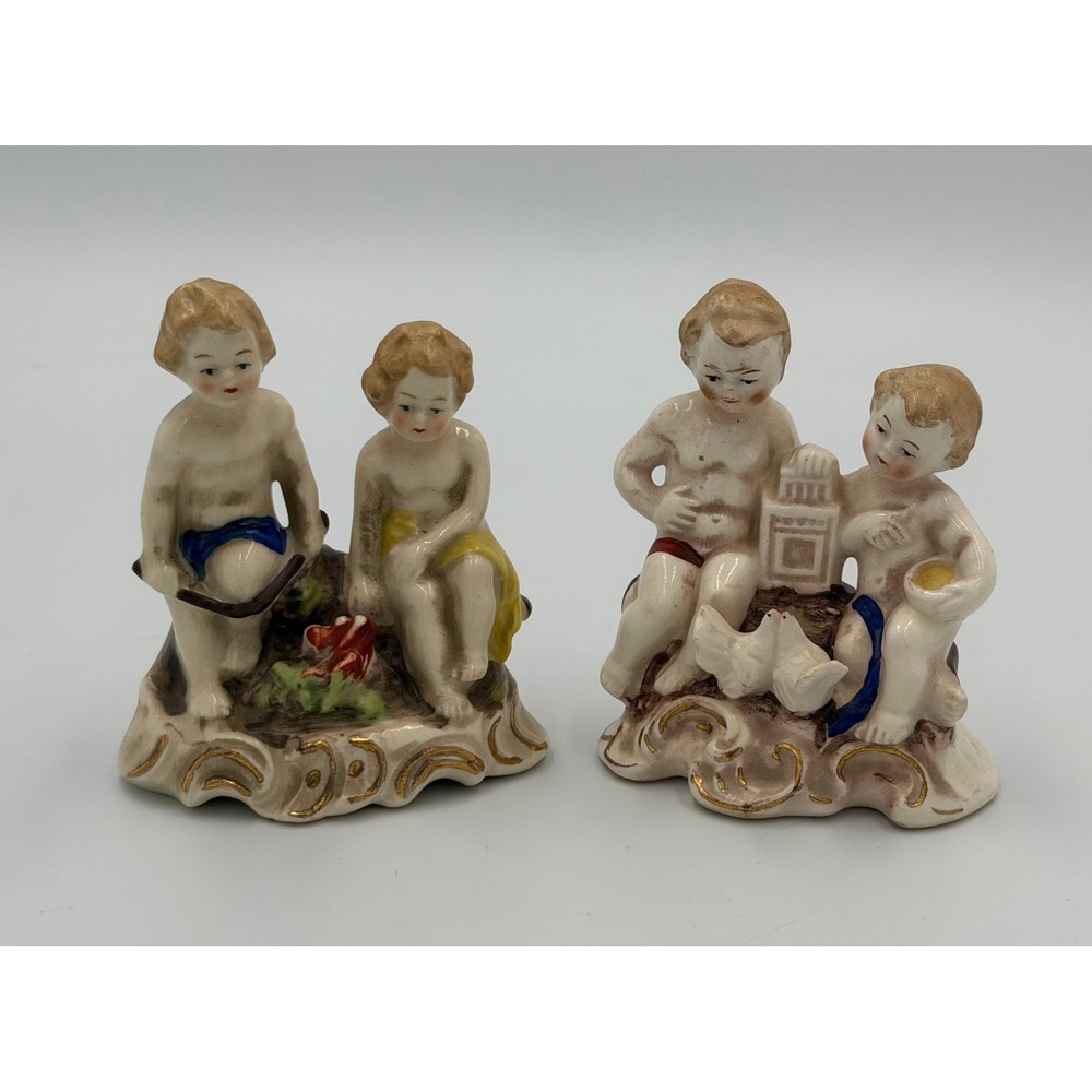 Vintage GM Germany Porcelain Cherub Putti Figurines Set of 2 Gold Gilt 596 599